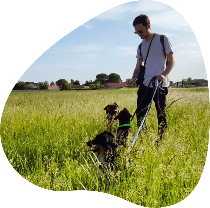 Anthony de Garde La Truffe avec 2 chiens dans l'herbe. Pet sitter à Valence